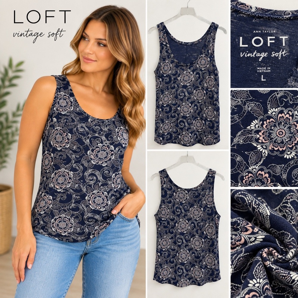 Ann Taylor Loft Vintage Soft Navy Blue Floral Paisley Scoop Neck Tank Top Large